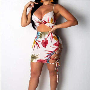 CBR Cutout Floral Print Lace-Up Bodycon Dress
